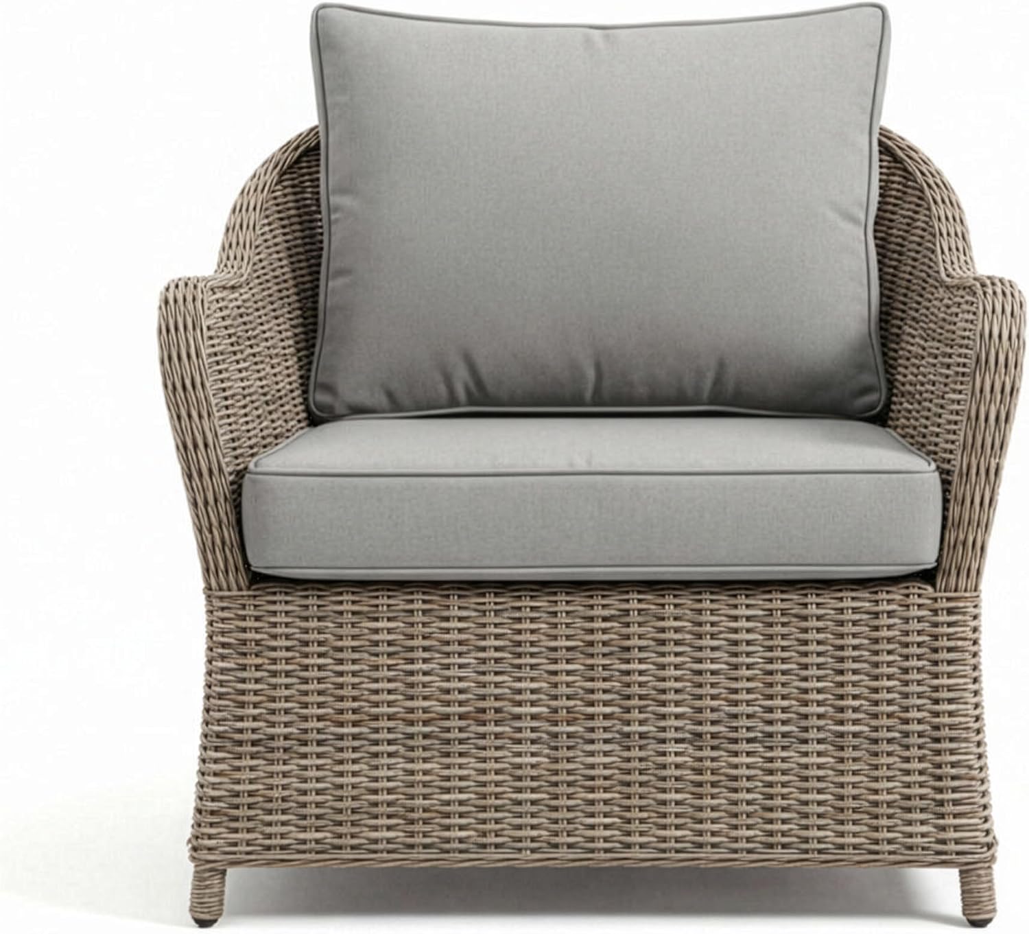 Martha Stewart Lily Pond Indoor-Outdoor Weathered Gray Rattan Wicker Patio Club Chair with All-Weather Gray Back and Seat Cushions, 300 Lb. Static Weight Capacity