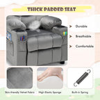 COSTWAY Larger Kids Recliner Chair, Adjustable Lounge Recliner w/ 2 Cup Holders, 1 Side Pocket, 2 Front Pockets, Footrest, Velvet Fabric Recliner for Boys & Girls, Ideal for Bedroom (Grey)