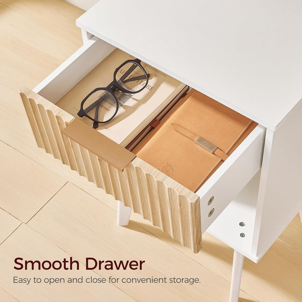 MAHANCRIS White Fluted Nightstand, Modern Bedside Table with Drawer and Opening Storage, Night Stand with Wood Legs, End Table Side Table for Living Room, Bedroom, Small Space, Natural ETBN6201