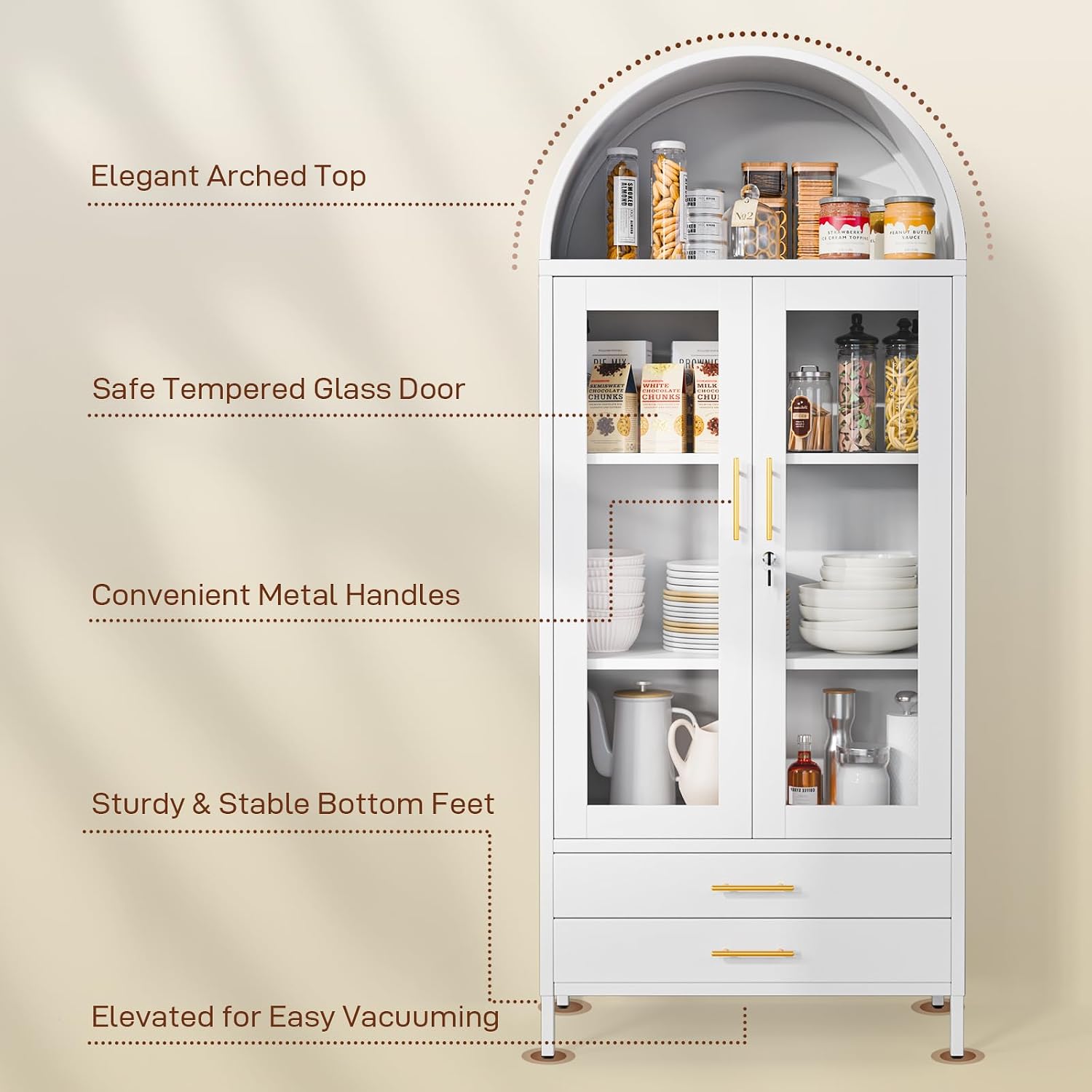 Holiwei Metal Storage Cabinet, 73" Arched Kitchen Pantry Organizer with 2 Drawers & 2 Adjustable Shelves, Freestanding Display Cabinet for Living Room