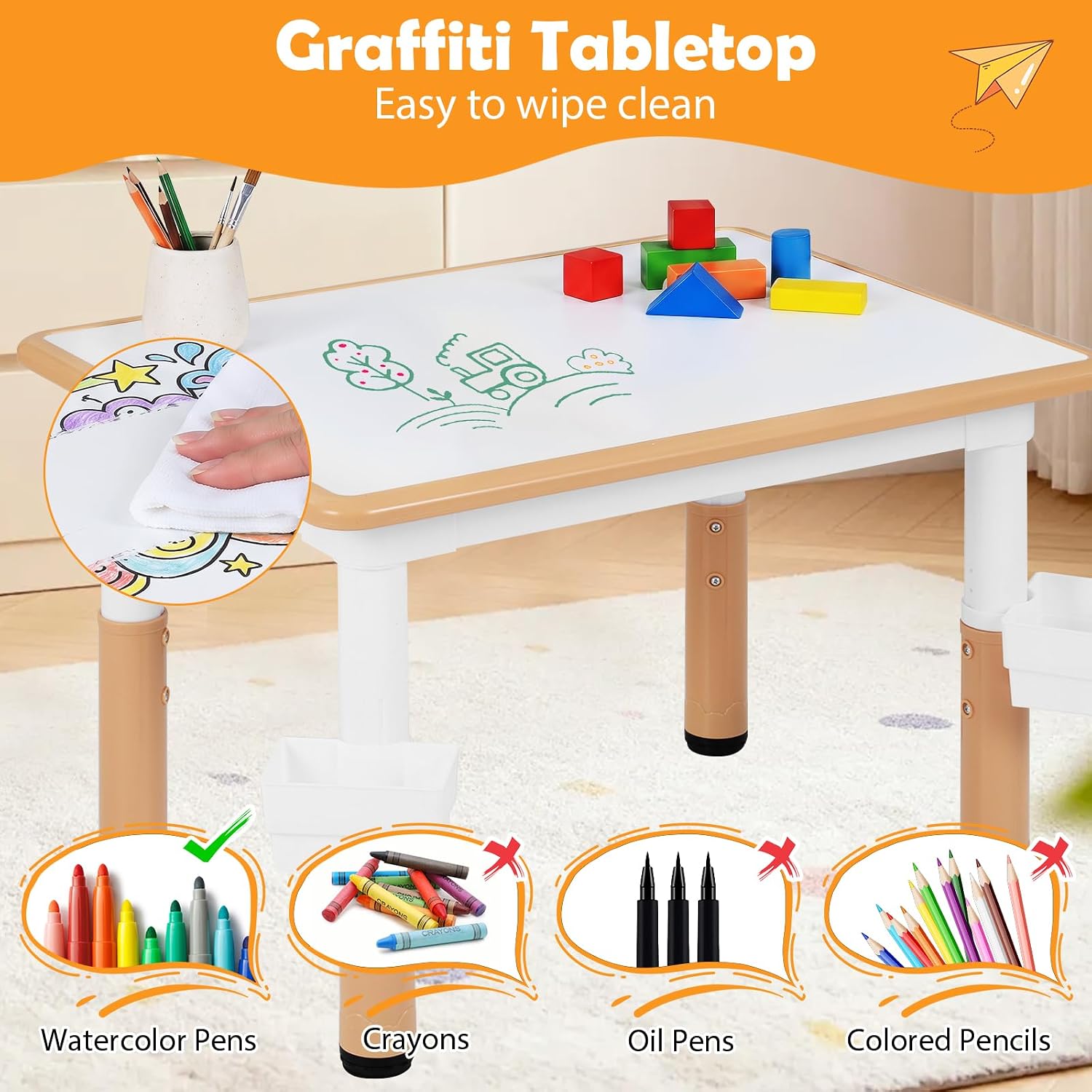 Costzon Kids Table and 4 Chairs, Height Adjustable Toddler Desk Set w/Easy-to-Wipe Graffiti Desktop & 2 Storage Basket for Home, Classroom, Daycare, Playroom, Art Study Table Set (Natural, 5 PCS)
