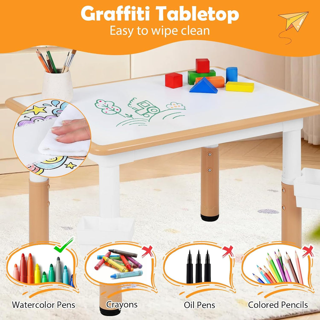 Costzon Kids Table and 4 Chairs, Height Adjustable Toddler Desk Set w/Easy-to-Wipe Graffiti Desktop & 2 Storage Basket for Home, Classroom, Daycare, Playroom, Art Study Table Set (Natural, 5 PCS)