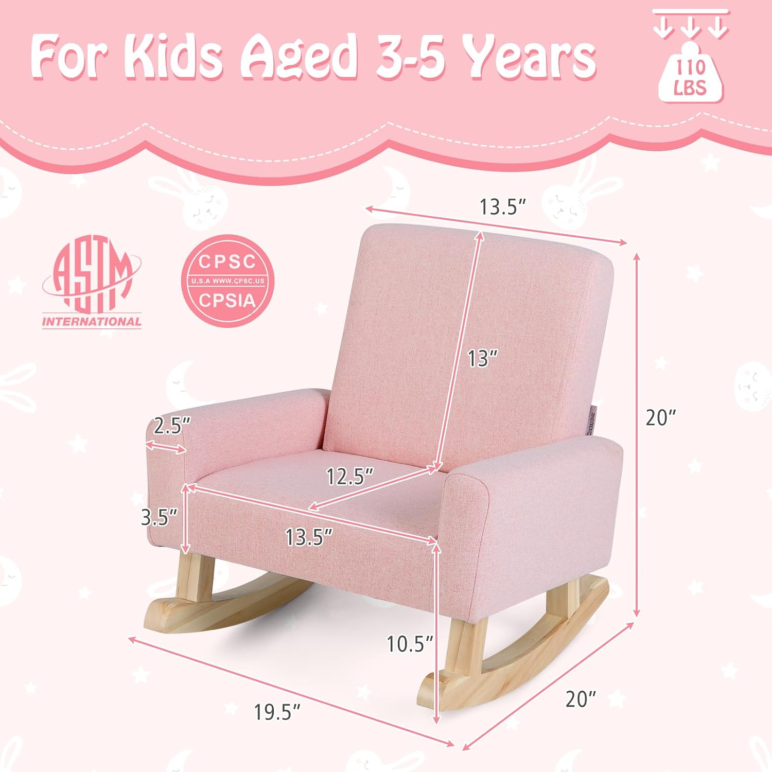 HONEY JOY Toddler Rocking Chair, Kids Rocker with Solid Wood Legs & Linen Fabric, Anti-Tipping Design, Toddler Couch for Kids Room, Playroom, Nursery, Bedroom (Pink)
