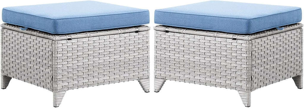 Wicker Outdoor Ottomans Set of 2 - Handwoven Rattan Outdoor Footrests for Patio, All Weather Footstools with Removable Cushions for Porch, Balcony, Deck & Garden - Light Gray/Baby Blue