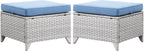Wicker Outdoor Ottomans Set of 2 - Handwoven Rattan Outdoor Footrests for Patio, All Weather Footstools with Removable Cushions for Porch, Balcony, Deck & Garden - Light Gray/Baby Blue