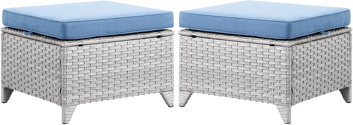 Wicker Outdoor Ottomans Set of 2 - Handwoven Rattan Outdoor Footrests for Patio, All Weather Footstools with Removable Cushions for Porch, Balcony, Deck & Garden - Light Gray/Baby Blue