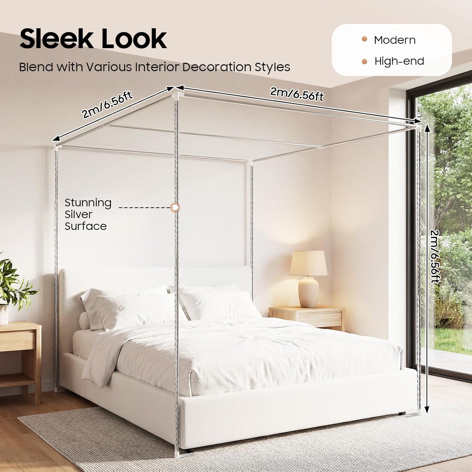 Canopy Bed Frame, Bed Canopy Frame Poles Corner Bracket, Post 4 Corner Bed Poles Netting Bracket Stainless Steel Silver Post with Accessories(King)