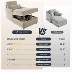 57.9" Oversized Chaise Lounge Chair Indoor, Chenille Reading Chair with Adjustable Backrest & Storage, Upholstered Comfy Sleeper Chair with 2 Pillows, Sofa Bed for Living Room, Bedroom, Camel