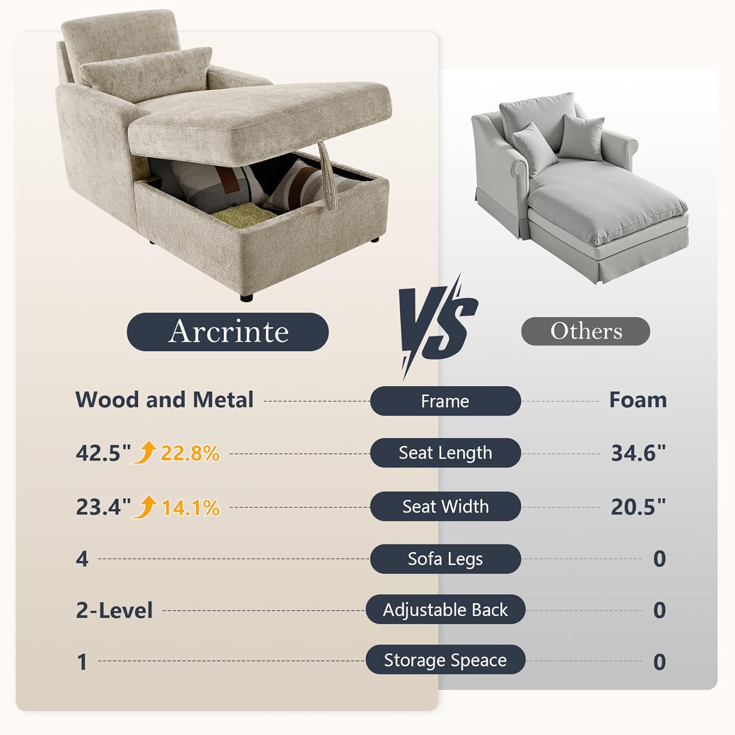 57.9" Oversized Chaise Lounge Chair Indoor, Chenille Reading Chair with Adjustable Backrest & Storage, Upholstered Comfy Sleeper Chair with 2 Pillows, Sofa Bed for Living Room, Bedroom, Camel