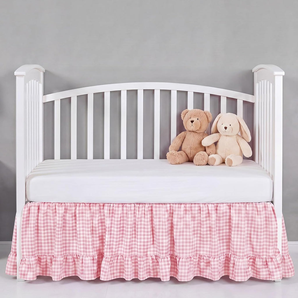 Gingham Crib Skirt Dust Ruffle 52 x 28 Inch 100% Washed Cotton Ruffle Plaid Baby Crib Bed Skirt Soft Farmhouse for Boys & Girls Nursery Bedding Decor, Fits Standard Cribs(Pink)