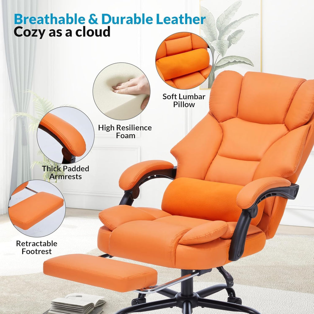 Ergonomic Office Chair with Foot Rest - Reclining Executive Computer Chair with Adjustable Lumbar Support & Arms, 600lbs High Capacity PU Leather Swivel Chair with Wheels (Orange)