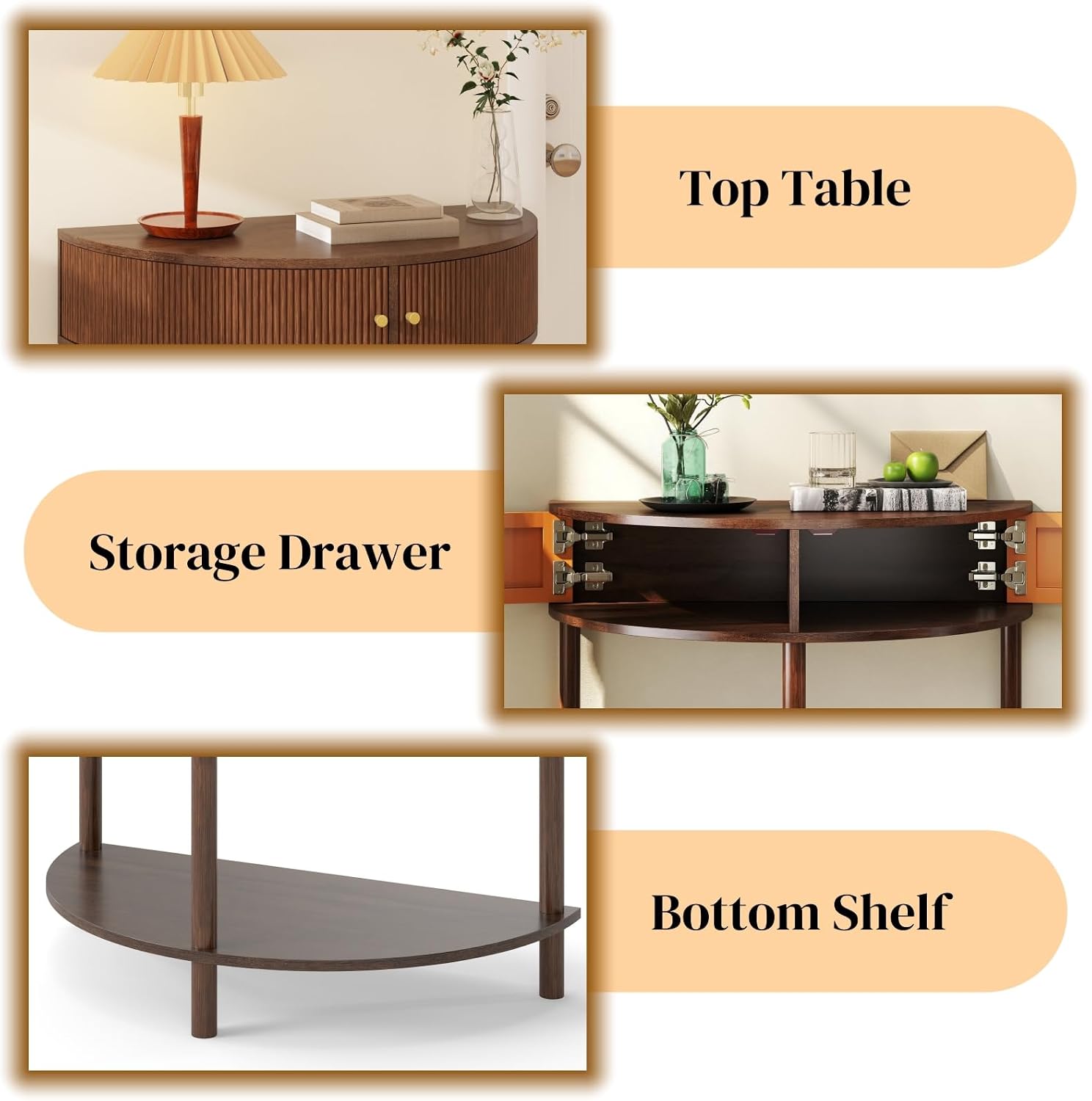 Entryway Table, Artisan-Crafted Half Moon Fluted Console Tables with 2 Rattan Storage,Small Half Circle Tables for Hallway, Narrow Round Accent Decort Table for Living Room (Brown)