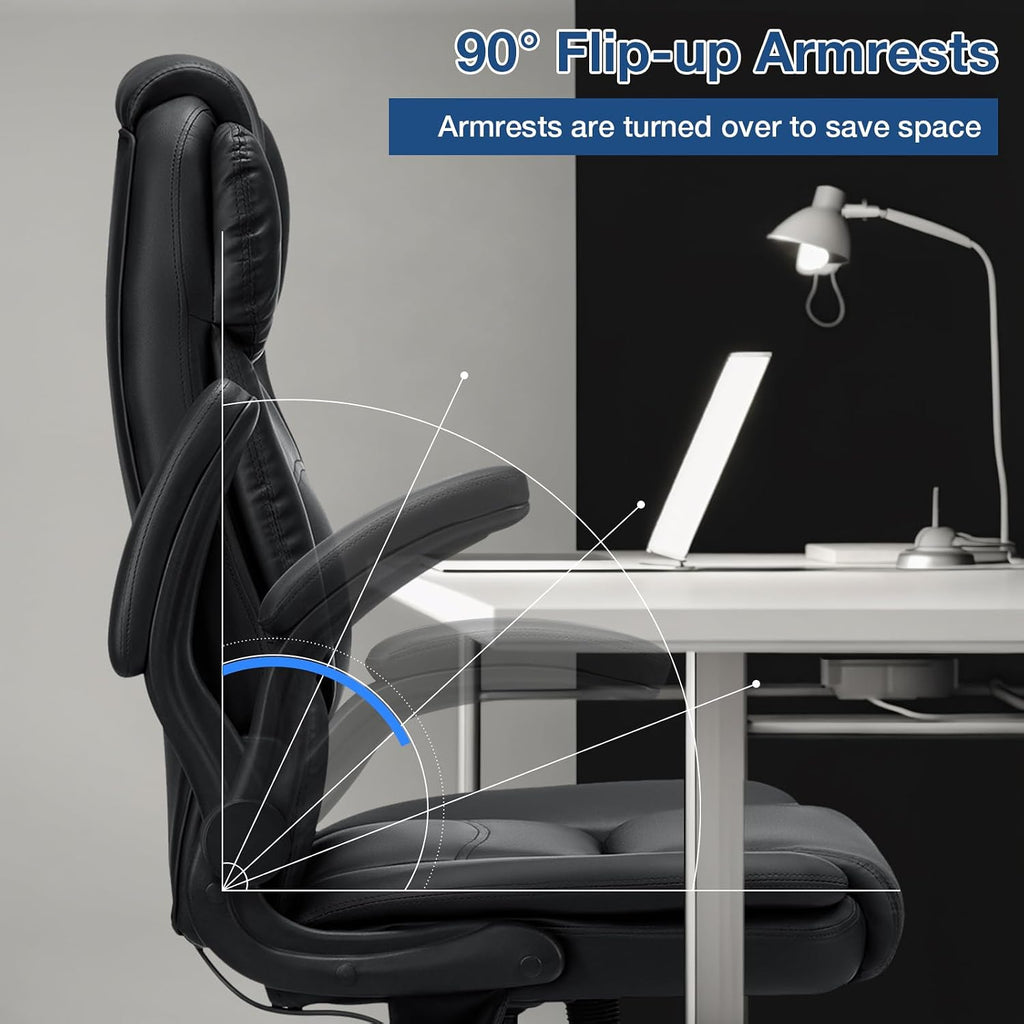 HOFFREE Executive Office Chair with Adjustable Lumbar Support,450lbs Heavy Duty Big & Tall PU Leather Ergonomic Desk Chair with Flip-up Armrests, Comfy Computer Chair for Home Office,Black