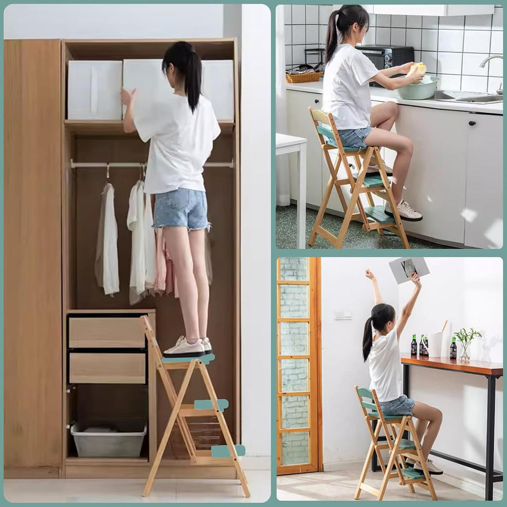 Folding Bar Stool, 3 Step Multifunction Portable Adults Solid Wood Ladder Stool for Household Kitchen, Bathroom Storage Shelf, Green