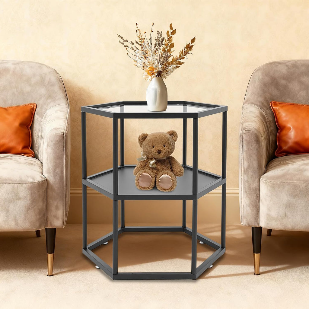 Side Table, Modern Coffee Tables with 2-Tier Storage with Metal Frame, Hexagon Glass Center Table for Living Room Bedroom Office Apartments Decor