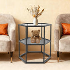 Side Table, Modern Coffee Tables with 2-Tier Storage with Metal Frame, Hexagon Glass Center Table for Living Room Bedroom Office Apartments Decor