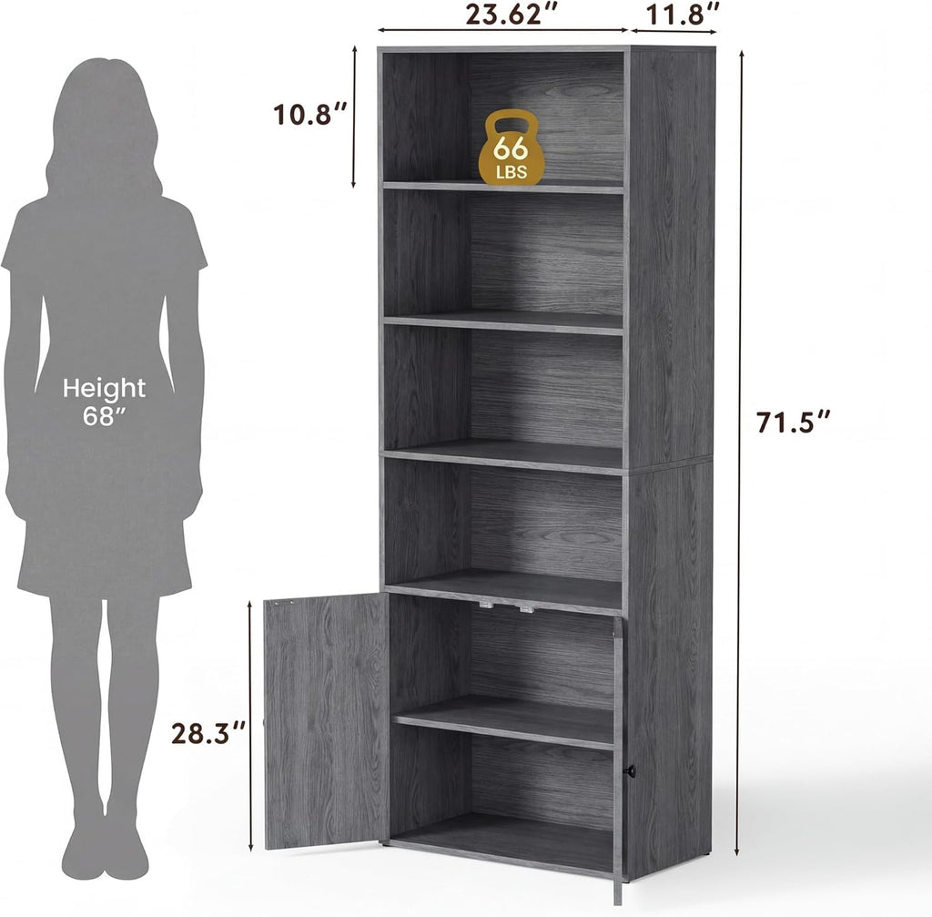 YESHOMY Farmhouse Bookshelf and Bookcase with Storage, 71.5" Tall Industrial Bookshelves and Bookcases with Doors, 4-Tier Floor Standing Tall Display Cabinet for Home Office, Living Room, Gray, 1 PCS