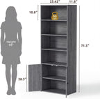 YESHOMY Farmhouse Bookshelf and Bookcase with Storage, 71.5" Tall Industrial Bookshelves and Bookcases with Doors, 4-Tier Floor Standing Tall Display Cabinet for Home Office, Living Room, Gray, 1 PCS