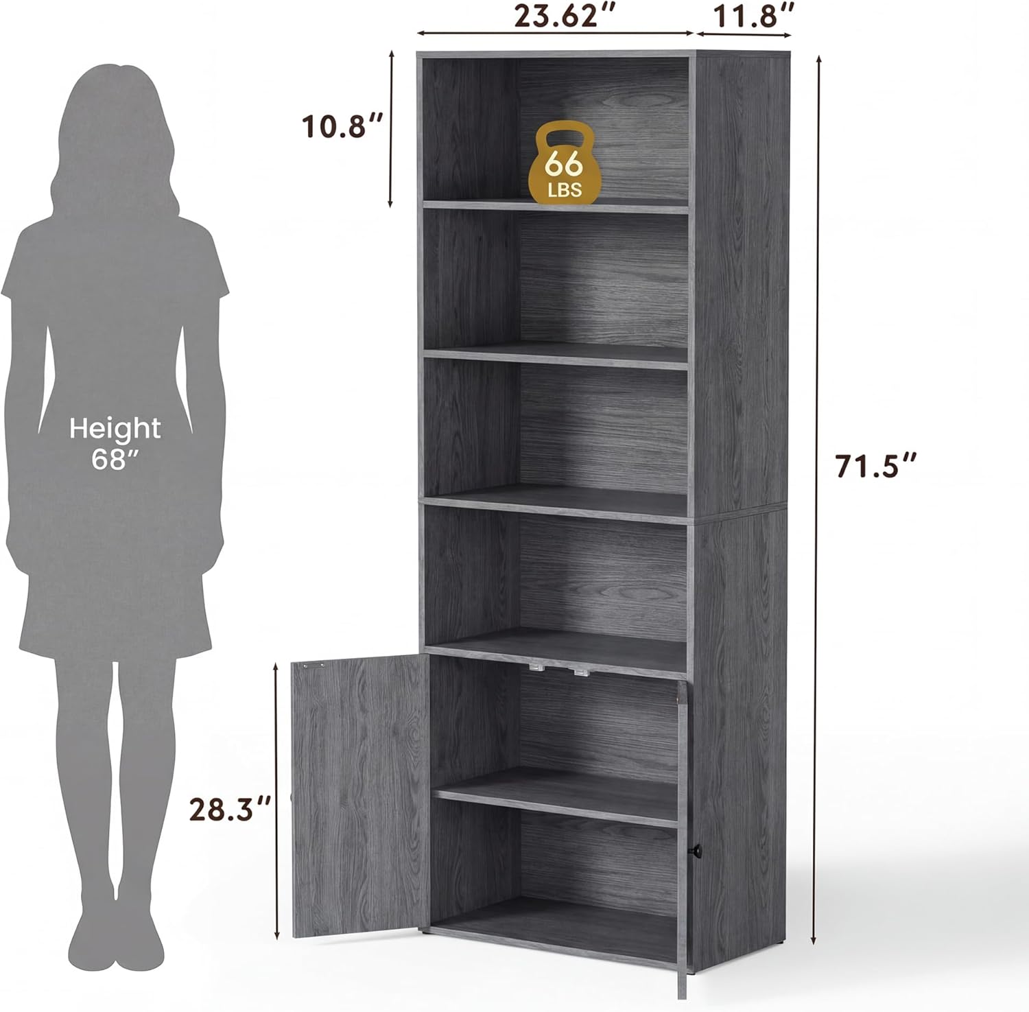 YESHOMY Farmhouse Bookshelf and Bookcase with Storage, 71.5" Tall Industrial Bookshelves and Bookcases with Doors, 4-Tier Floor Standing Tall Display Cabinet for Home Office, Living Room, Gray, 1 PCS