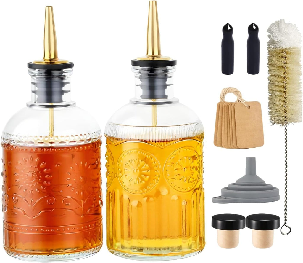 Simple Syrup Bottles Set of 2, Glass Coffee Syrup Dispenser Bottles 7 OZ With Metal Pour Spout, Labels and Stopper, Glass Syrup Dispenser for Maple Honey Syrup Oil and Sauces, LC002