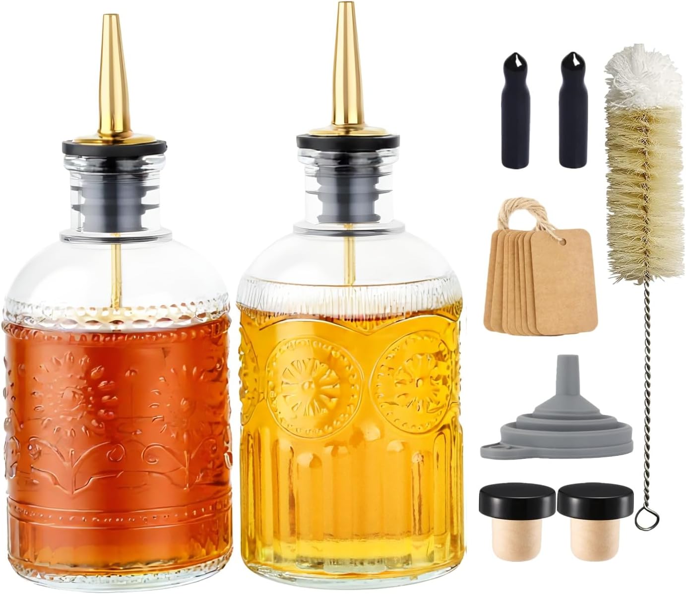 Simple Syrup Bottles Set of 2, Glass Coffee Syrup Dispenser Bottles 7 OZ With Metal Pour Spout, Labels and Stopper, Glass Syrup Dispenser for Maple Honey Syrup Oil and Sauces, LC002