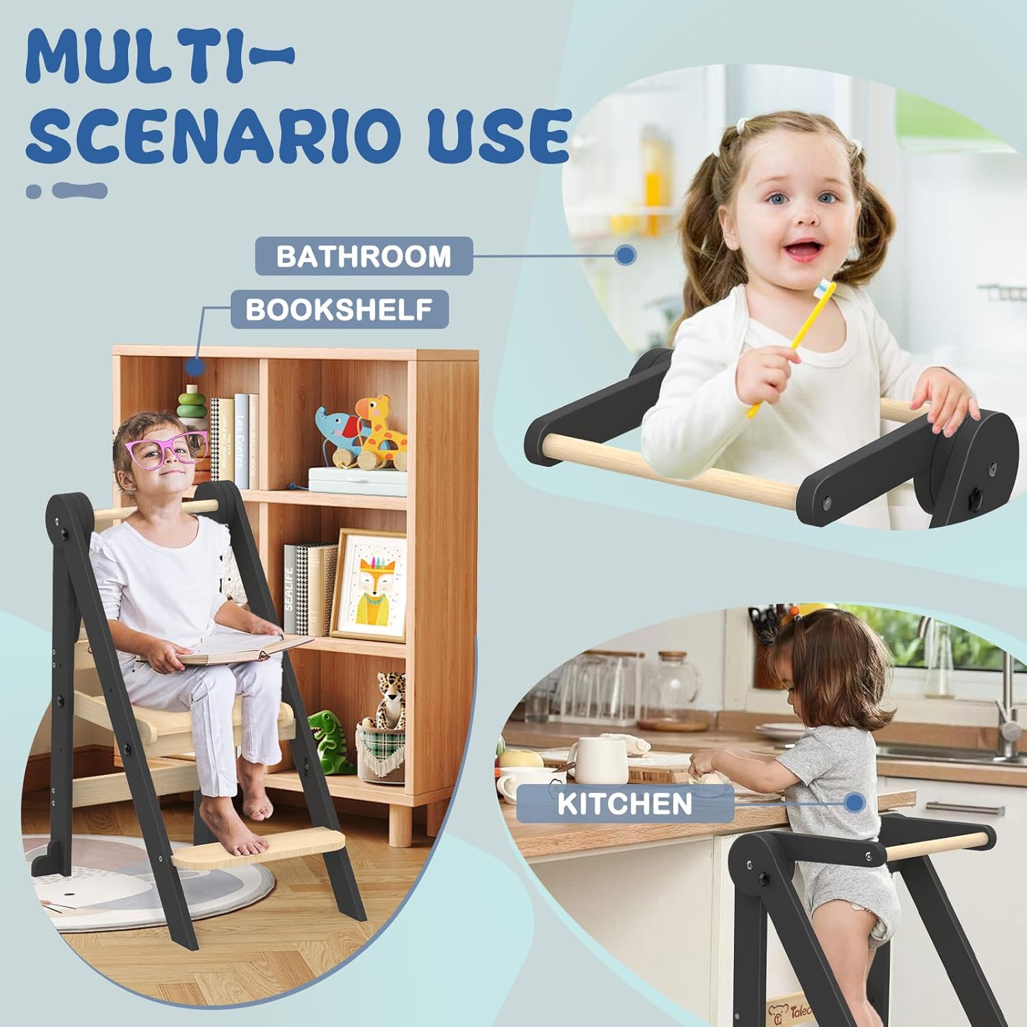 Foldable Toddler Kitchen Stool Helper, Toddler Standing Tower with 3 Adjustable Heights, Collapsible Wooden Step Stool for Kitchen & Bathroom, Montessori Learning Helper Tower for Toddlers Aged 1-6