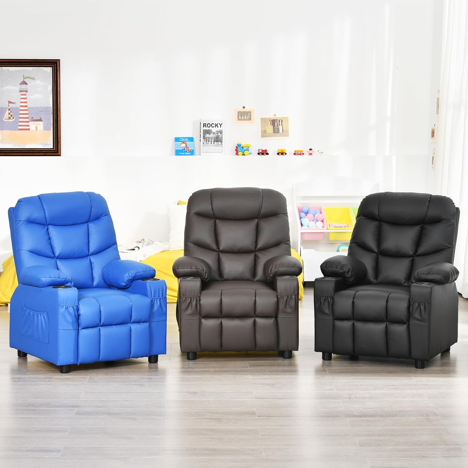 MAT EXPERT Kids Recliner, Leather Adjustable Reading Gaming Chair w/ 2 Cup Holder, 3 Side Pocket Storage & Footrest, Kids Couch Toddler Lounge Chair for Boys Girls, Kids Room Playroom Nursery (Black)