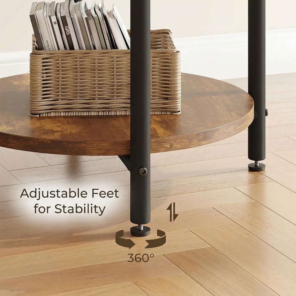 LIKIMIO Round End Table with Charging Station, 15.8" Side Table for Small Spaces, 2-Tier Industrial Nightstand with 77 lbs Load Capacity, Rustic Brown