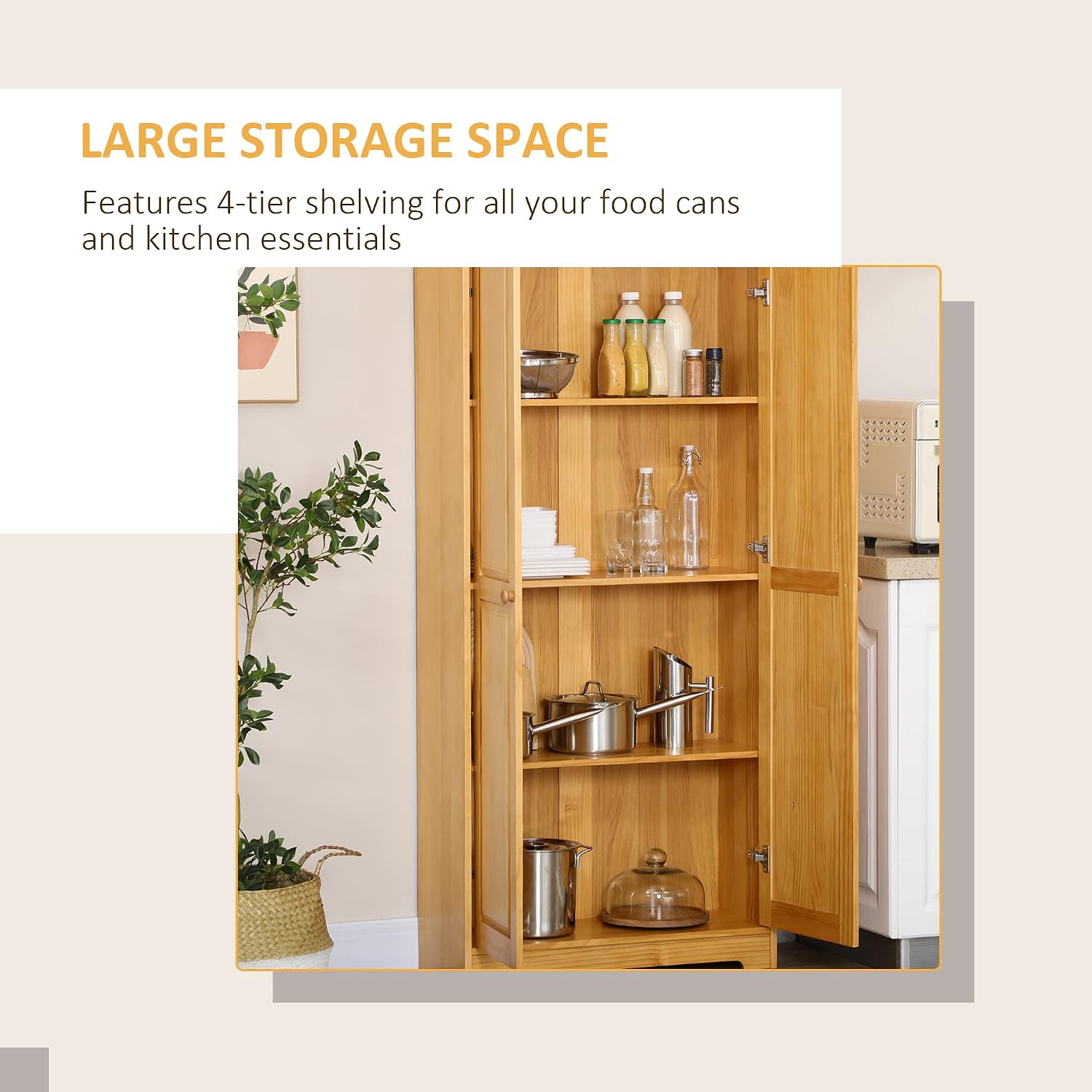 67" Kitchen Pantry Cabinet, Pinewood Storage Cabinet with 2 Door & Adjustable Shelves, Freestanding Cupboard Utility Sideboard Large Hutch Cabinets for Kitchen Dining Room,Brown