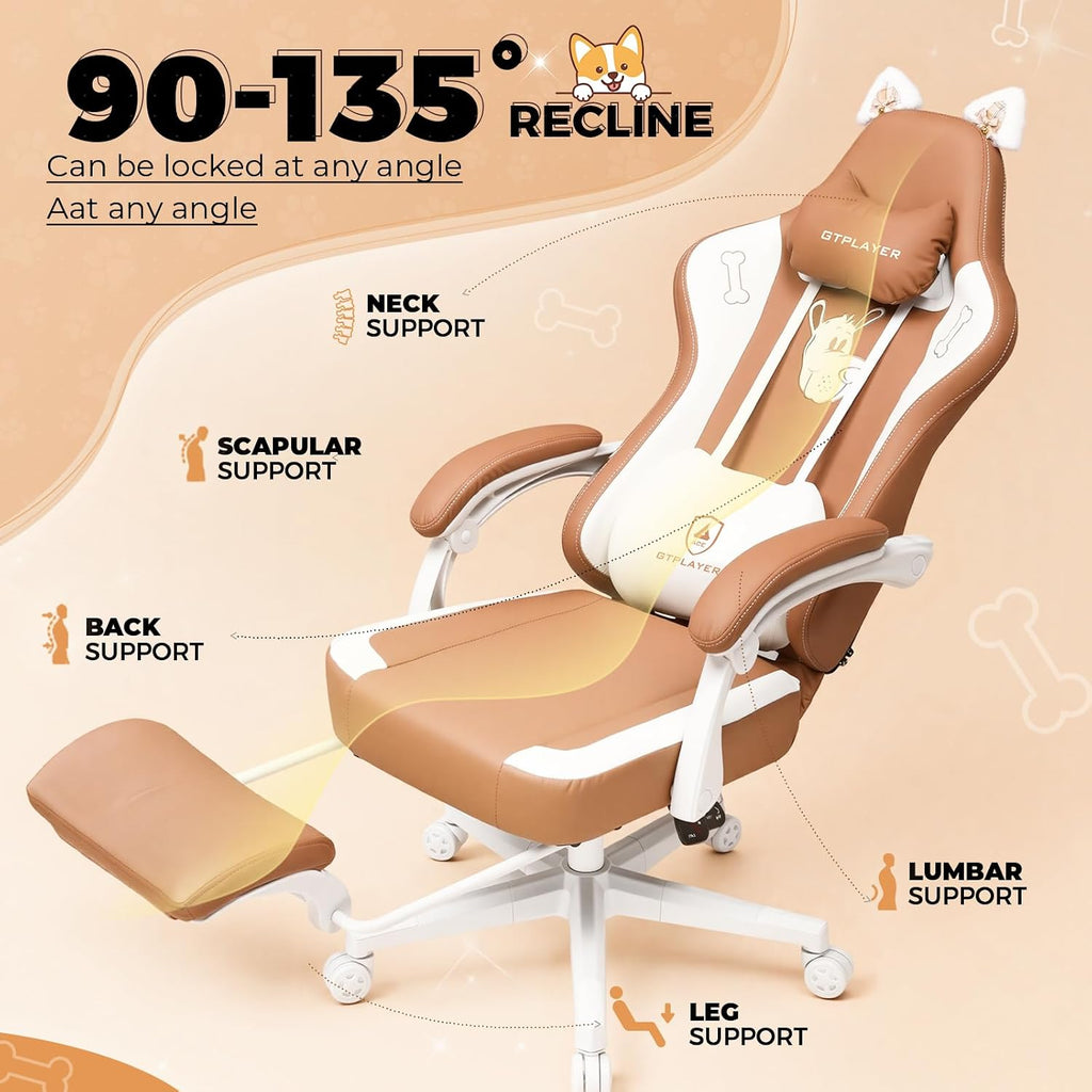 GTPOFFICE Cute Gaming Chair with Cat Ears, Ergonomic Computer Chair with Footrest Cat Paw Lumbar Support Comfortable Reclining Game Chair Desk Chair for Adult Teens, Soft Fabric, Russet Brown