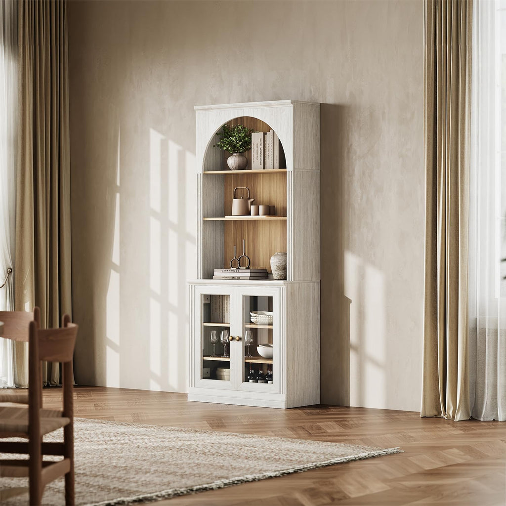 CHIC HOUSE Monos 77" Tall Arched Bookcase with Acrylic Doors, Storage Cabinet with Hutch, Fluted Display Accent Cabinet with Shelves, Modular Buffet Sideboard Coffee Bar for Living Room, White