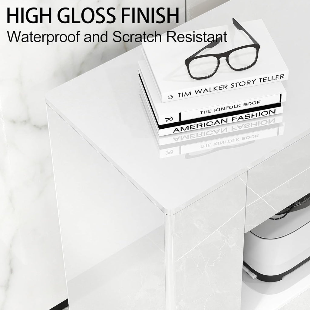 TV Stand High Gloss TV Cabinet with 2 Large Drawers & Push-Open Doors, Modern TV Console Storage Cabinet for Living Room, Office, White