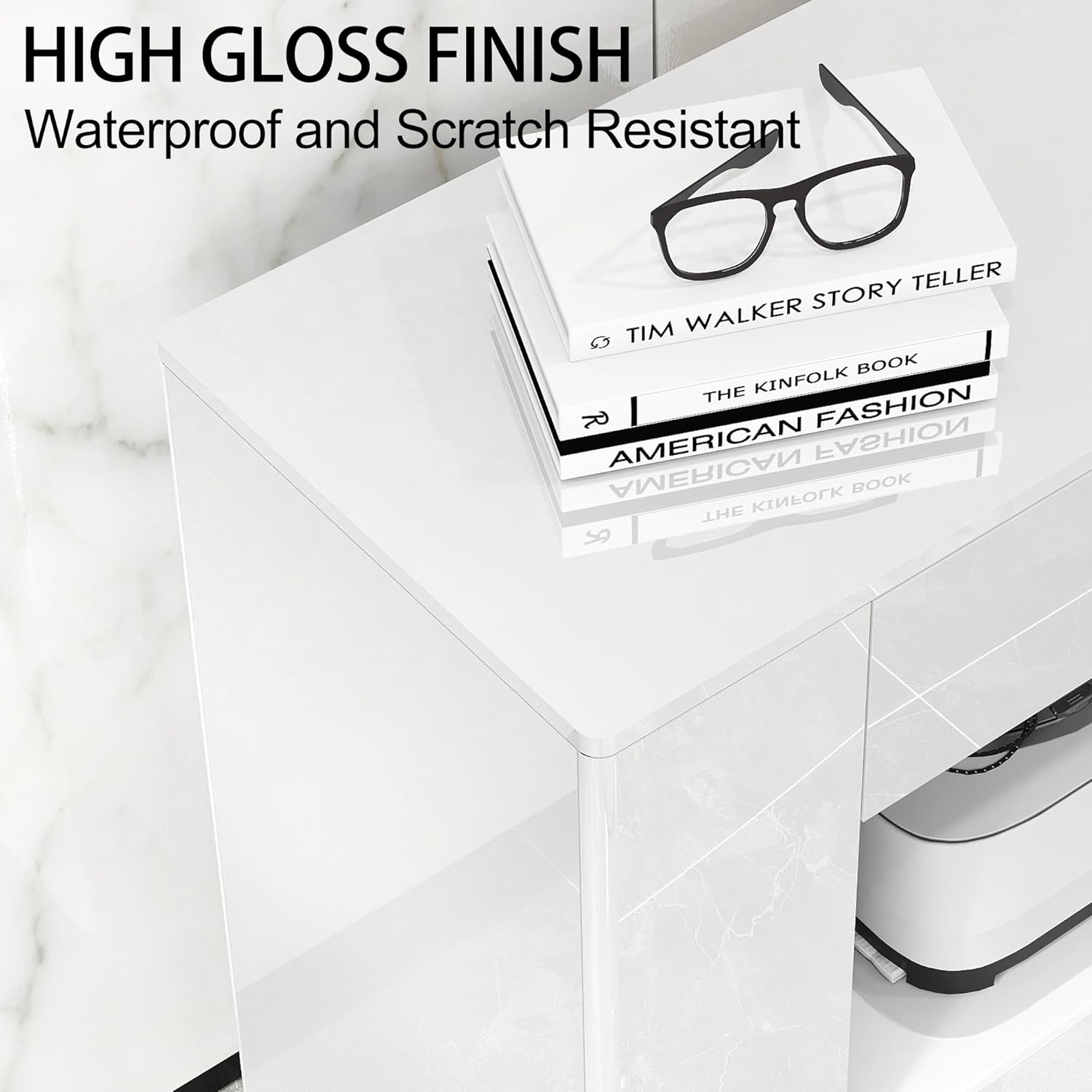 TV Stand High Gloss TV Cabinet with 2 Large Drawers & Push-Open Doors, Modern TV Console Storage Cabinet for Living Room, Office, White