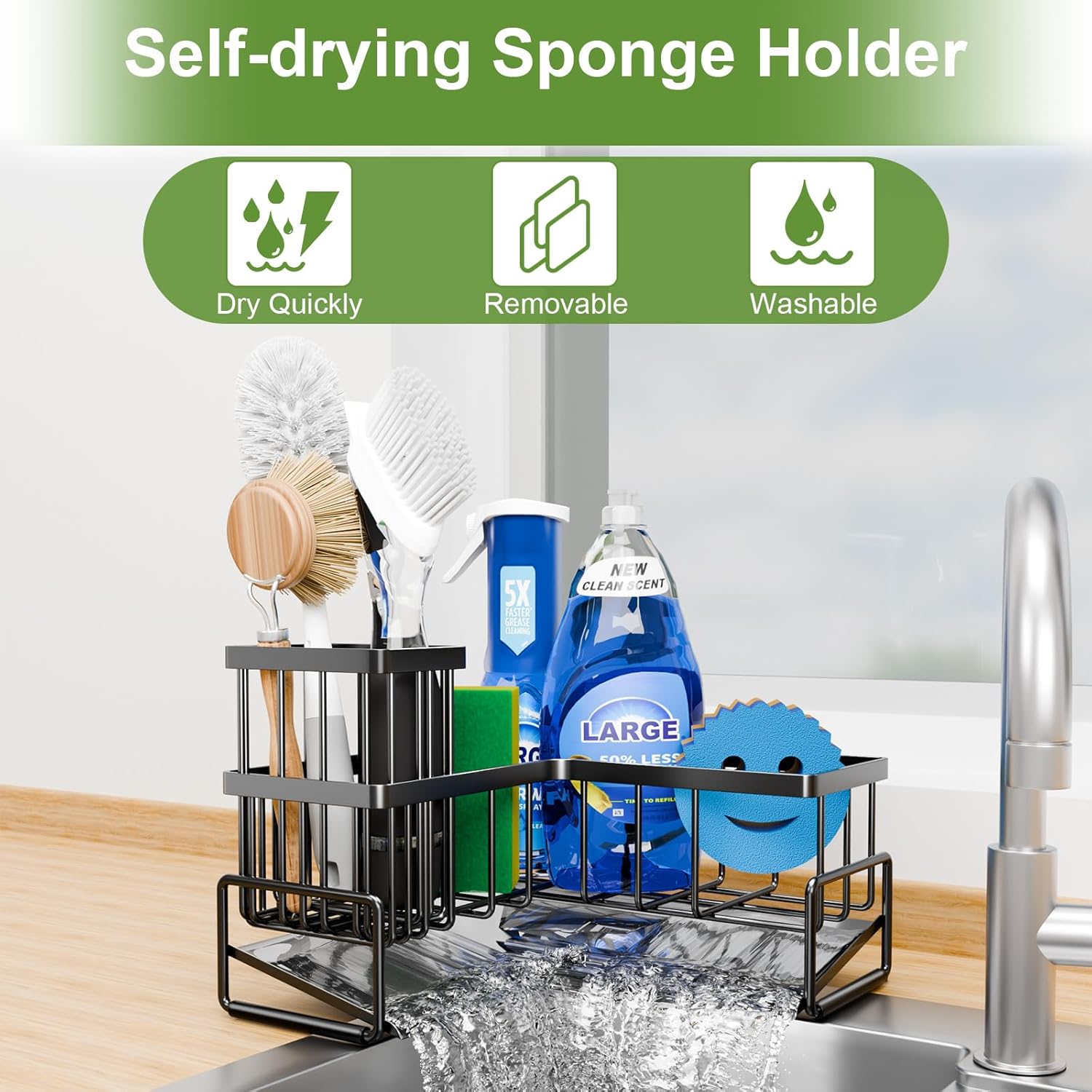 Fikoksol Large Sponge Holder for Kitchen Sink, 90-Degree Sink Caddy Organizer with Dish Brush Holder for Countertop Corner Storage Rack, Metal L-Shaped Kitchen Sink Sponge Soap Organizer Storage Ideas