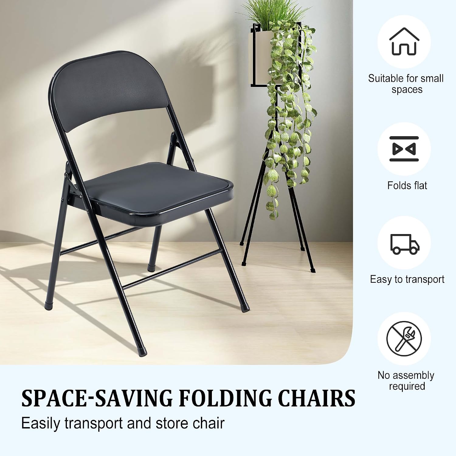 Folding Chairs 6 Pack Black with Padded Seats, 350-LBS Heavy Duty Metal Frame, Portable Design for Home Use, Party Events Outside, No Assembly Required