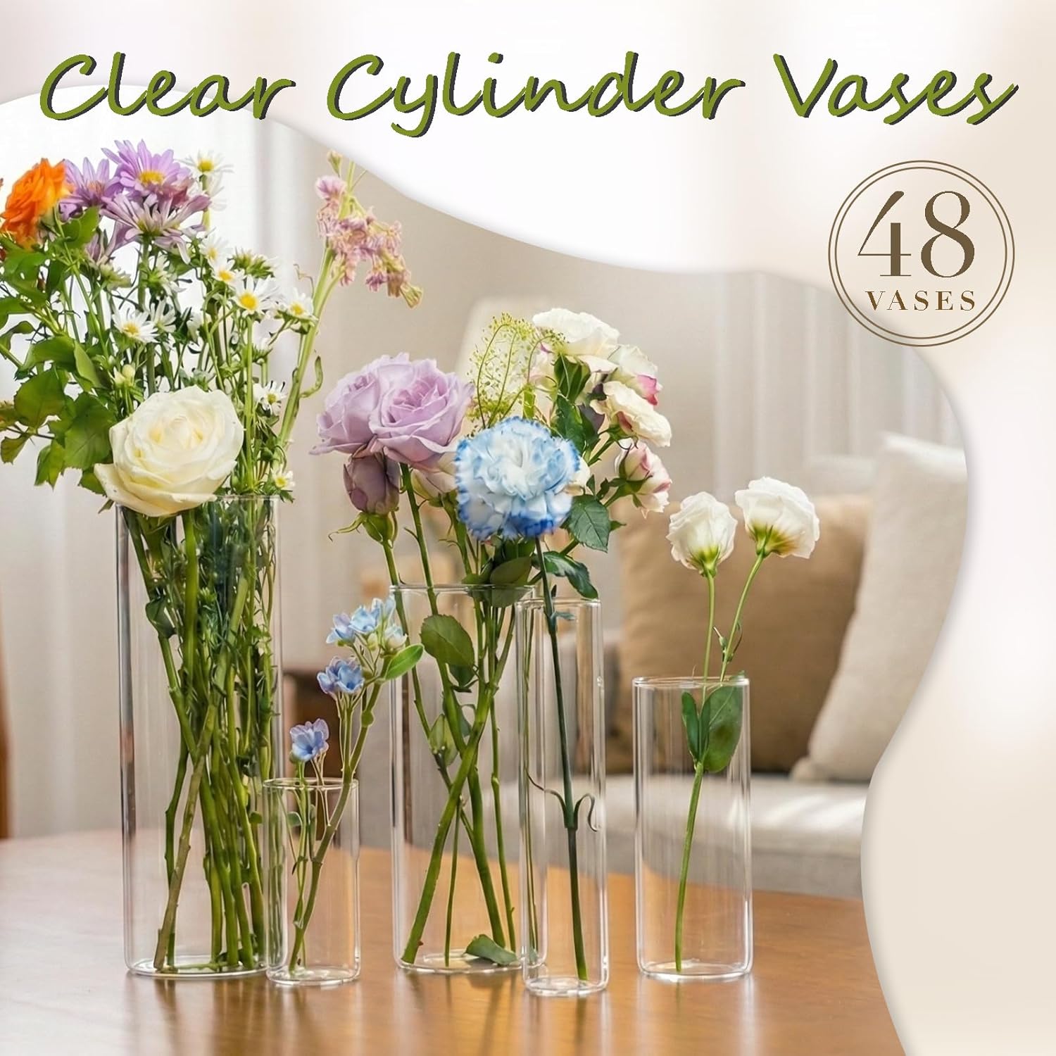 48pcs Glass Cylinder Vases 4,5,6 Inch for Centerpieces,Small Clear Flower Vases for Wedding Decorations and Indoor Home Decor, Hurricane Candle Holder for Table Shelf, Party