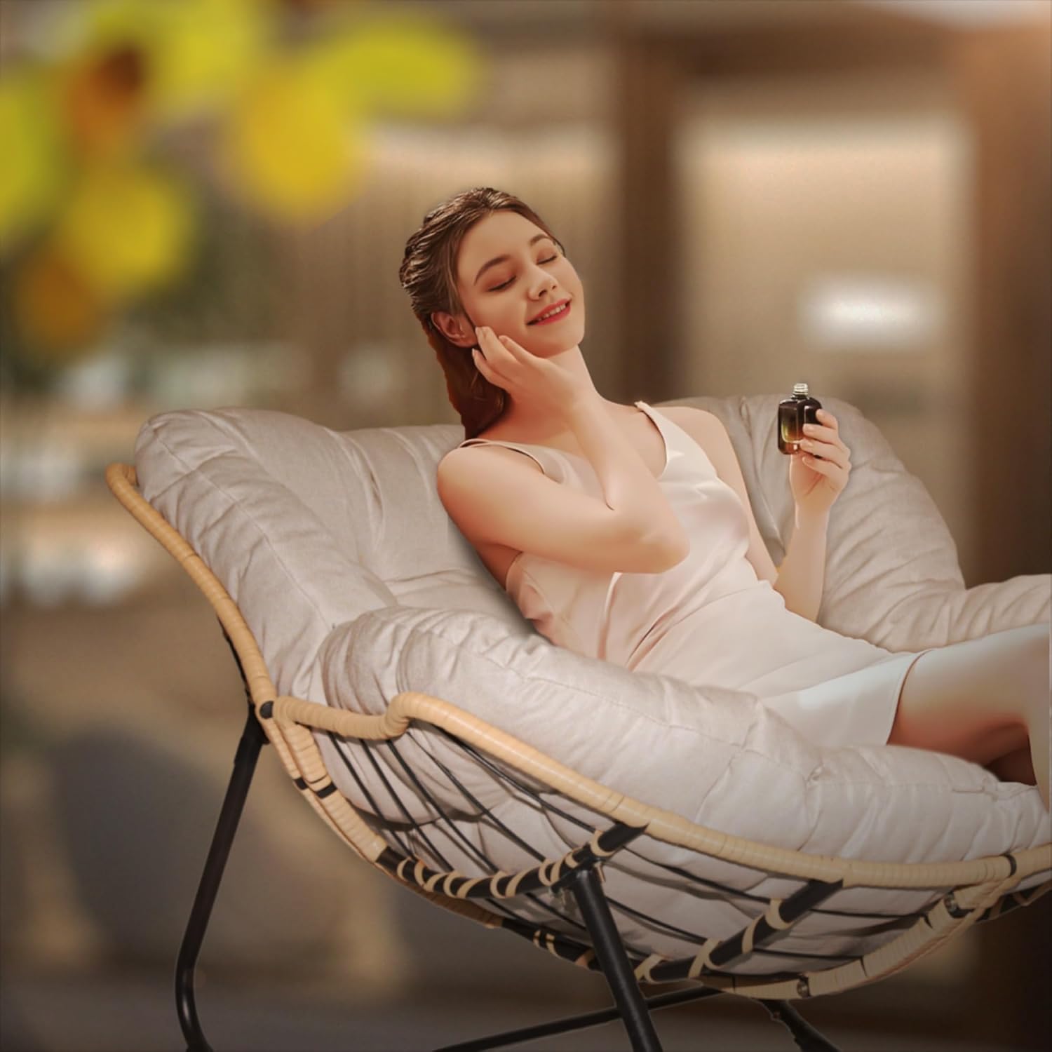 Modern Patio Rocking Egg Chair with Thick Cushion and Rattan Wicker Frame, Indoor Outdoor Lounge Chair with 360° Swivel Comfort, Heavy-Duty Metal Base for Bedroom Living Room Porch Garden (Beige)