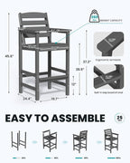 SERWALL Tall Adirondack Chairs Set of 2, Oversize Balcony Adirondack Chairs Set, Outdoor Bar Height Barstools Widened Chair Set for Bistro, Poolside, Garden, Gray