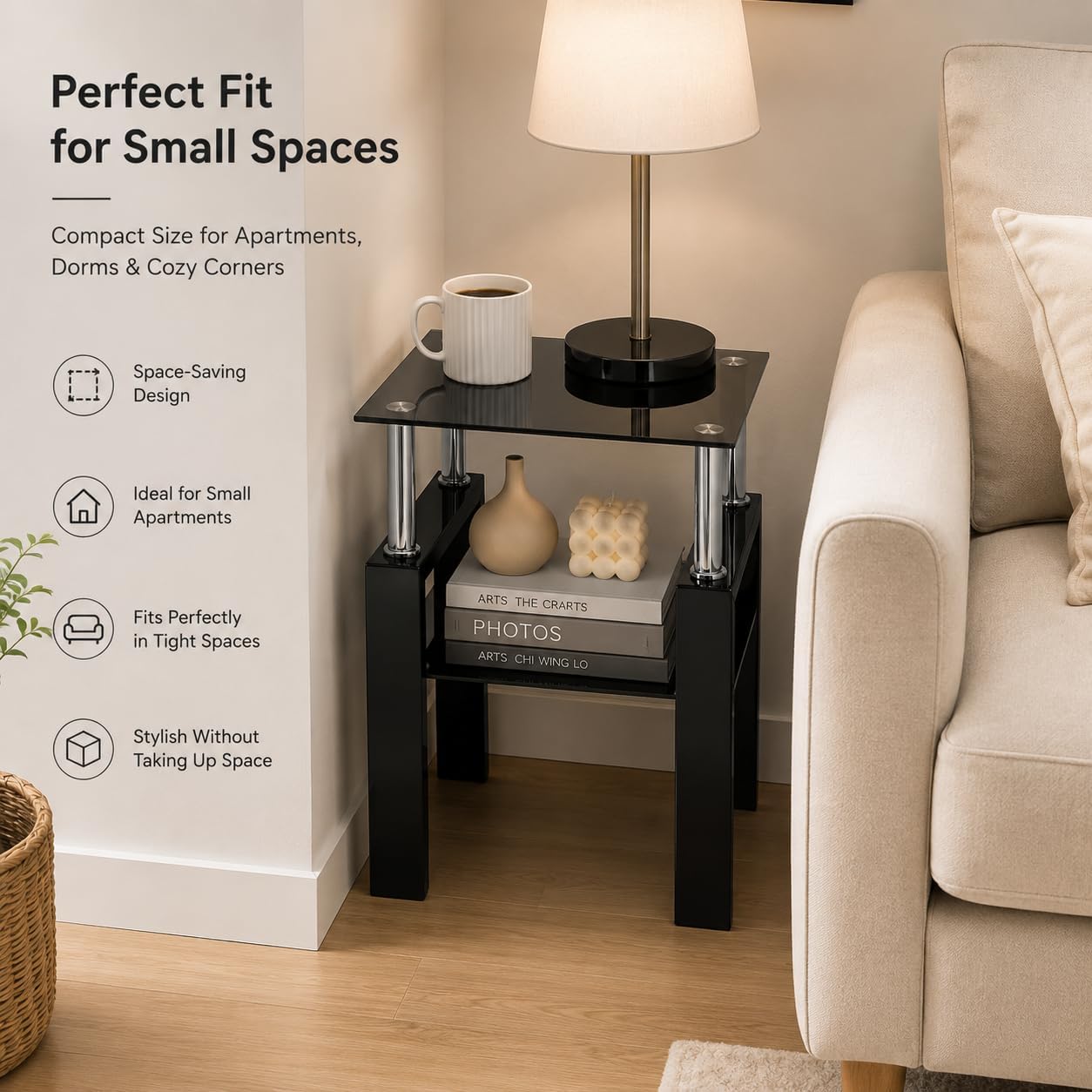 Meihua Tempered Glass End Table, Black Modern Square Side Table with Metal Frame, 2-Tier Glass Accent Table for Living Room, Bedroom, Apartment & Small Spaces