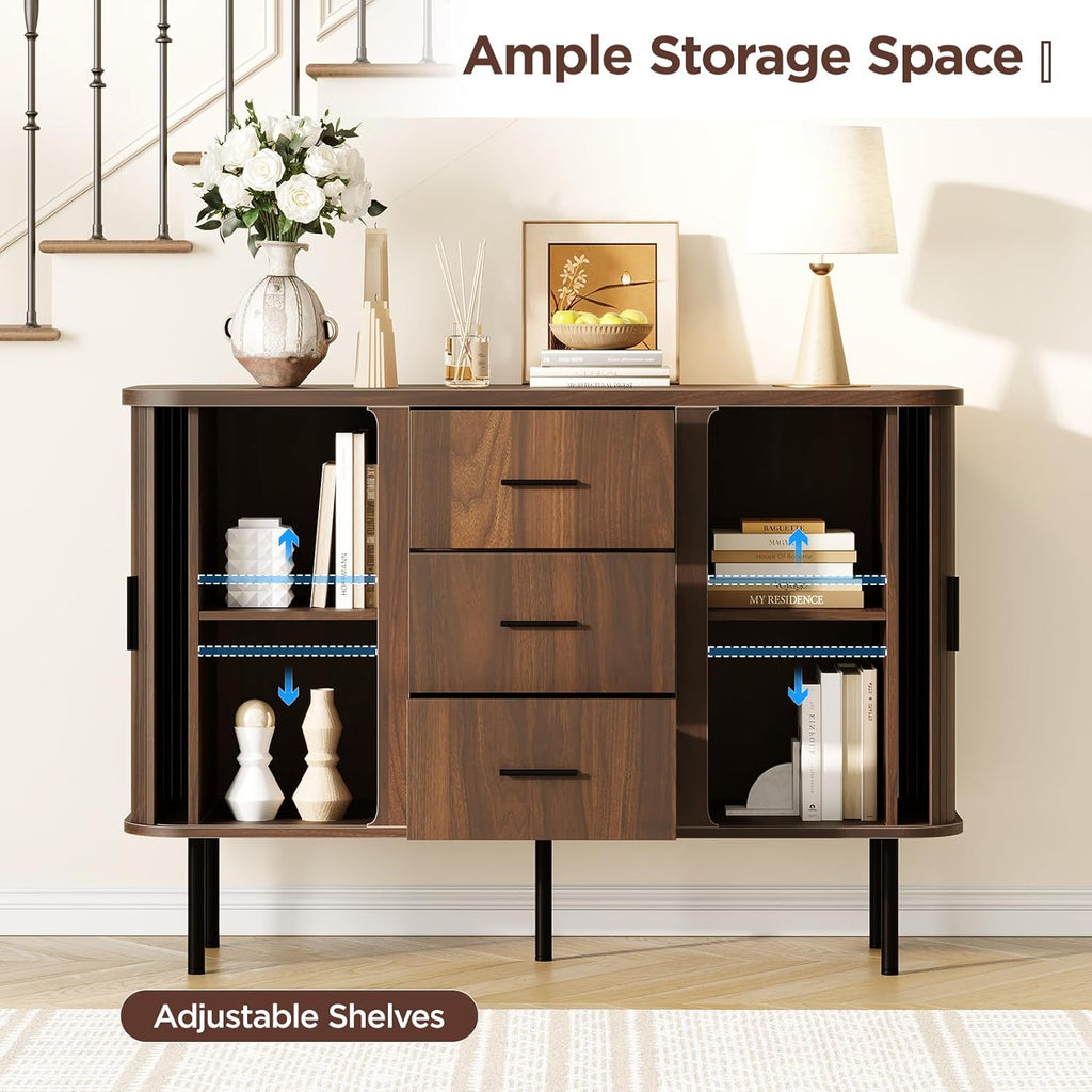 47'' Fluted Cabinet with Storage, Walnut Buffet Cabinet Sideboard with Sliding Door, 3 Drawers & Adjustable Shelf, Mid Century Coffee Bar, Curved Edge Design Storage Cabinet for Kitchen, Living Room