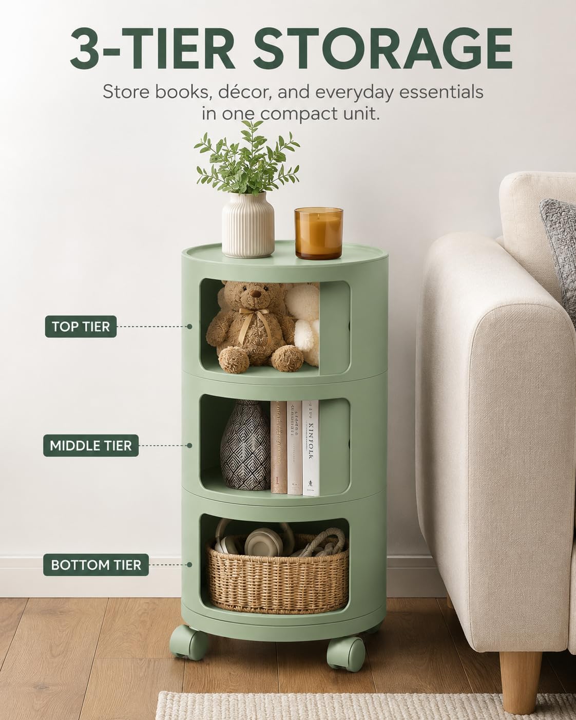 3 Tier Rounded Cabinet,Round Nightstand Detachable End Table with Storage Lightweight Side Table Storage for Living Room Bedroom Bathroom Kitchen