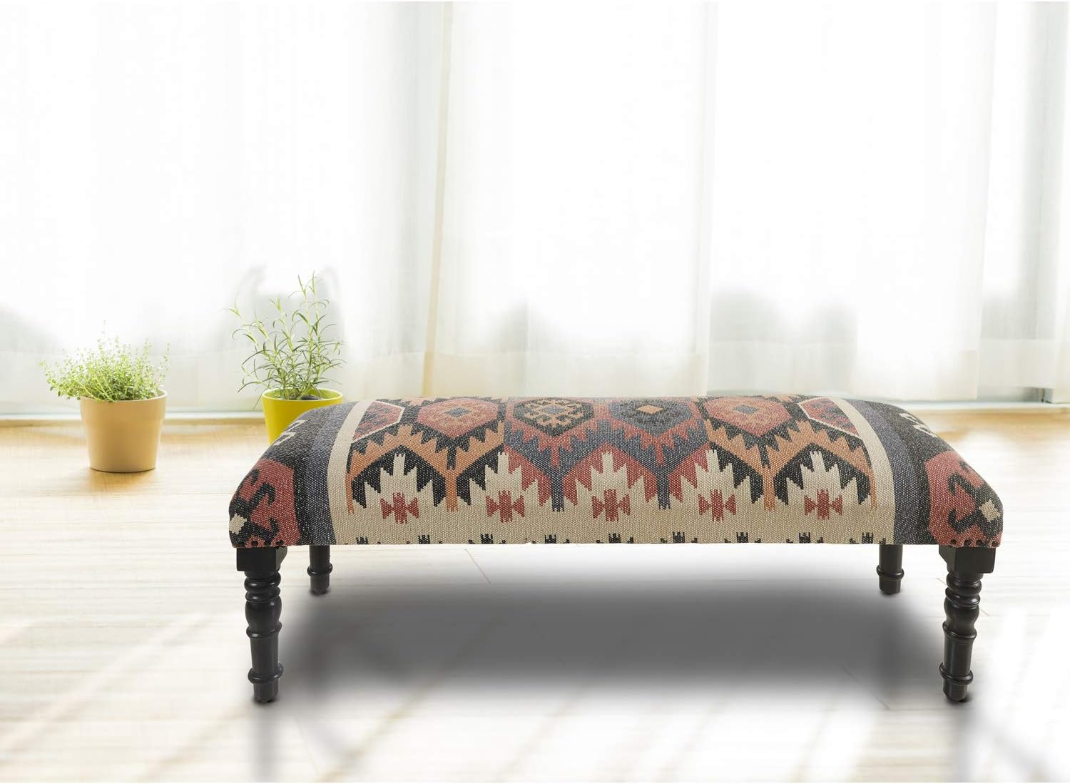 LR Home Upholstered Bench for Bedroom End of Bed |Southwestern Vintage Ottoman Bench with Cushion for Dining, Living Room, Entryway, Window, Outdoor | 47" W X 16" D X 18" H | Red/Ivory/Multicolor