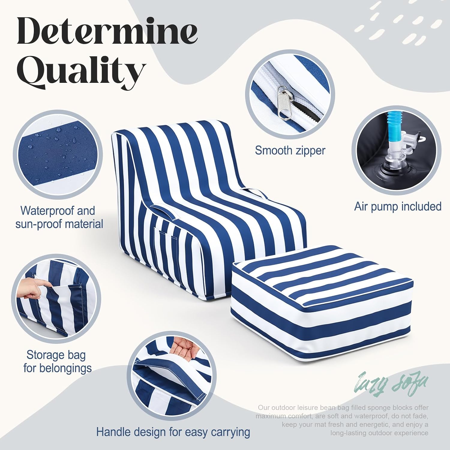 Gemscream Outdoor Inflatable Bean Bag Chair and Ottoman, Portable Inflatable Bean Bag and Ottoman with Handle for Patio Garden Home Boho Decorative Living Room(Blue and White Stripes)