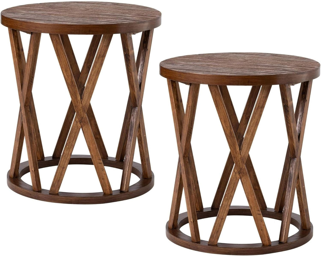 COZAYH Set of 2 - Farmhouse End Table, Rustic Round Side Table with X-Motifs Legs, Wood Textured Top, for Boho, French Country Decor, Brown