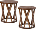 COZAYH Set of 2 - Farmhouse End Table, Rustic Round Side Table with X-Motifs Legs, Wood Textured Top, for Boho, French Country Decor, Brown
