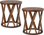 COZAYH Set of 2 - Farmhouse End Table, Rustic Round Side Table with X-Motifs Legs, Wood Textured Top, for Boho, French Country Decor, Brown