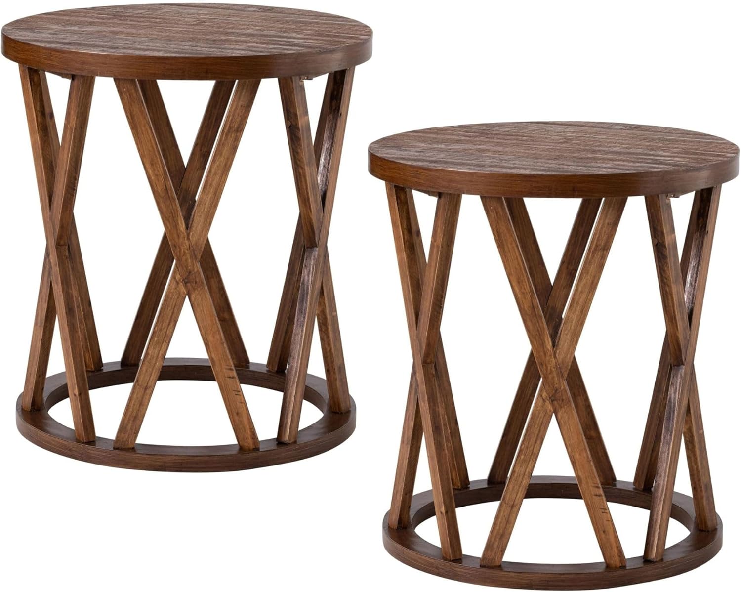 COZAYH Set of 2 - Farmhouse End Table, Rustic Round Side Table with X-Motifs Legs, Wood Textured Top, for Boho, French Country Decor, Brown