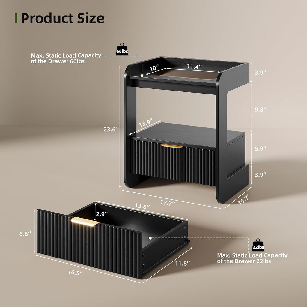 Nightstands Set of 2, Fluted Bedside Tables with Amber Glass Top | Hidden Drawer Storage, Open Display Shelf, Rounded Corner Design, Easy Assembly, Bedroom, Apartment, Guest Room Use