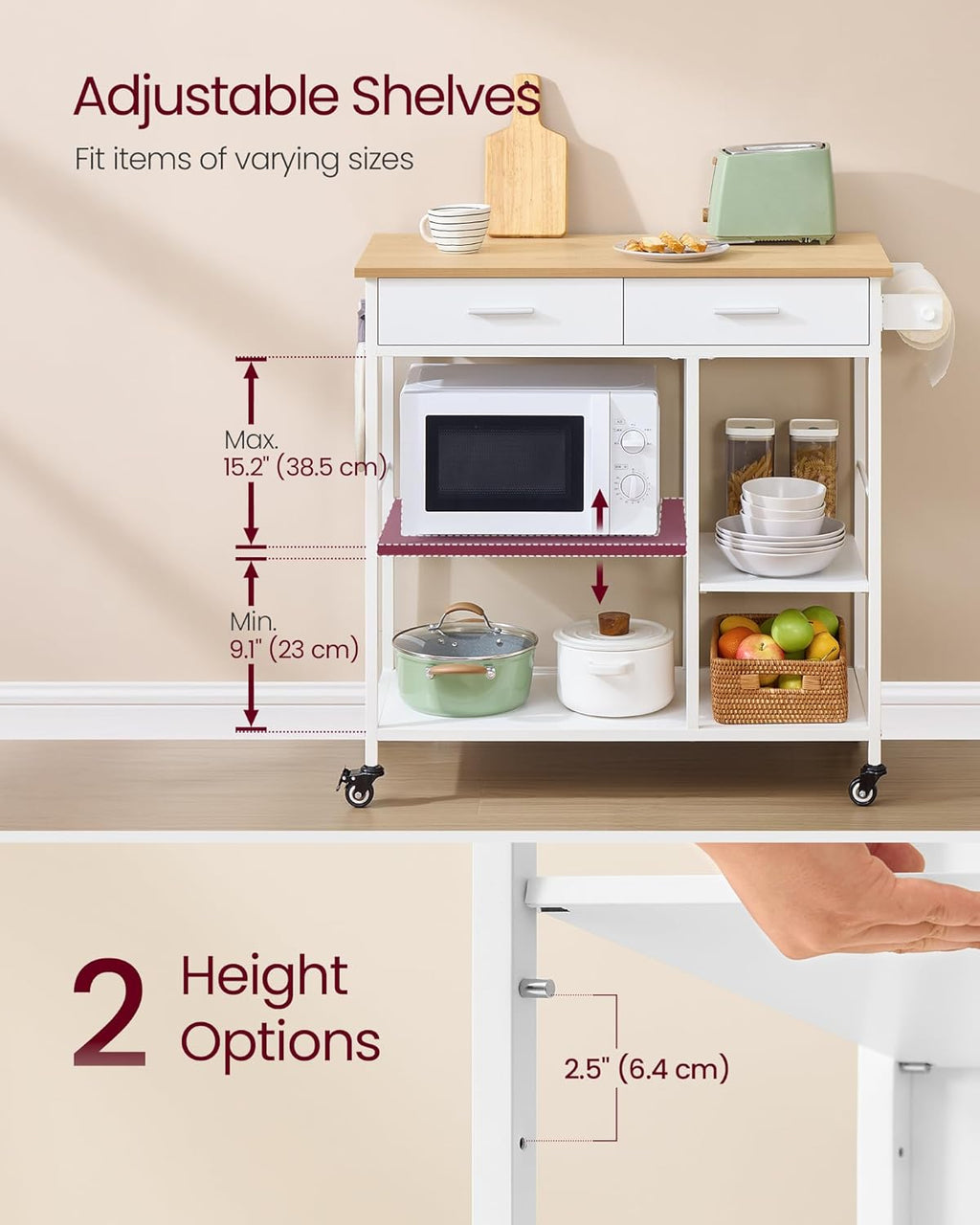 VASAGLE Kitchen Rolling Island, Mobile Kitchen Cart with Storage on Wheels, 17.7 x 38.8 x 35.4 Inches, Towel Rack, 2 Drawers, 2 Hooks, for Dining Room, Oak Beige and Matte White UKKI010Y01