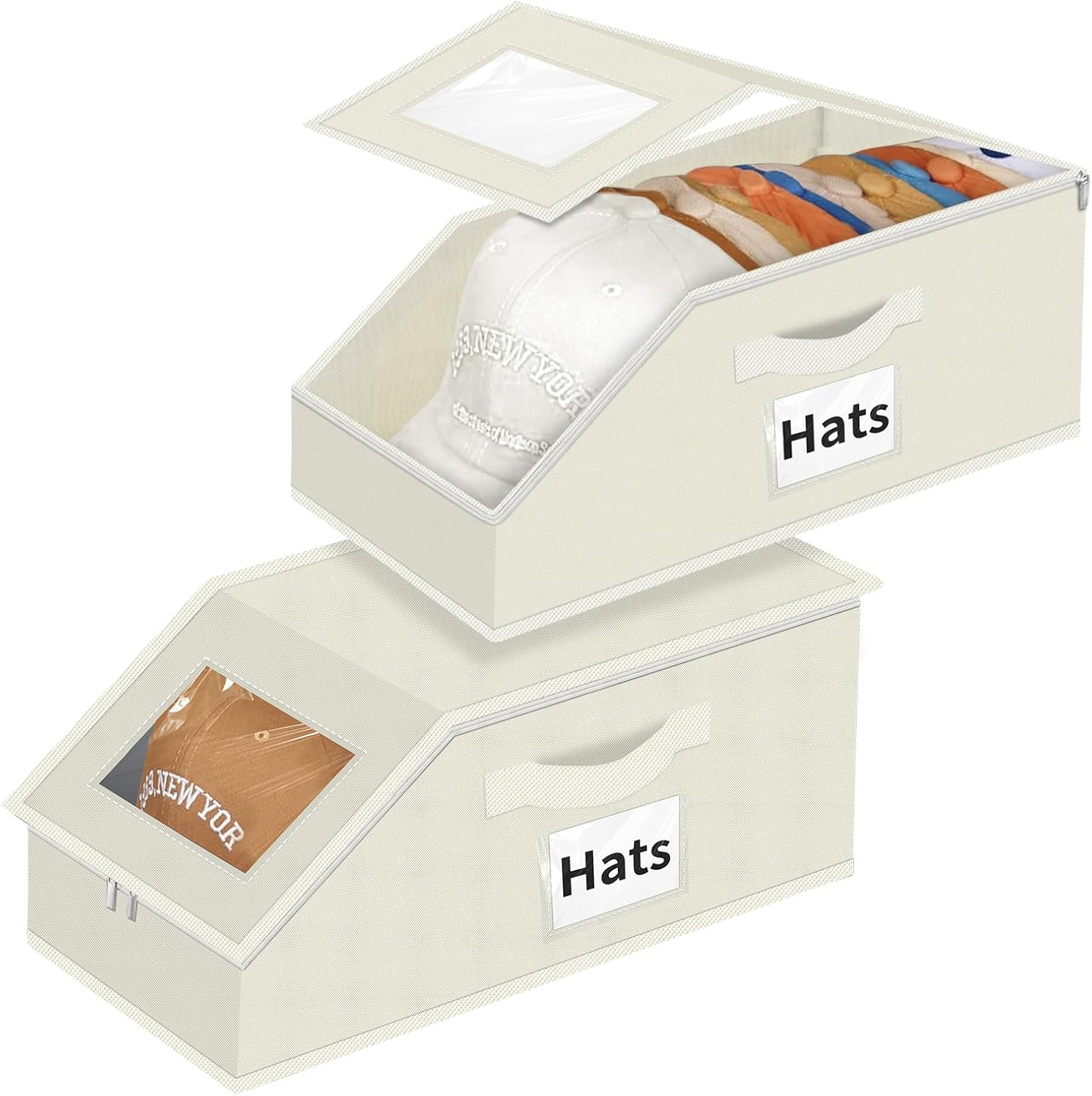 Aokeyee Hat Organizer for Baseball Caps - 2PCS Stackable Storage with Clear Window Lid, Flip-Top Access, Space-Saving Hat Box for Closet, Breathable Fabric (beige)